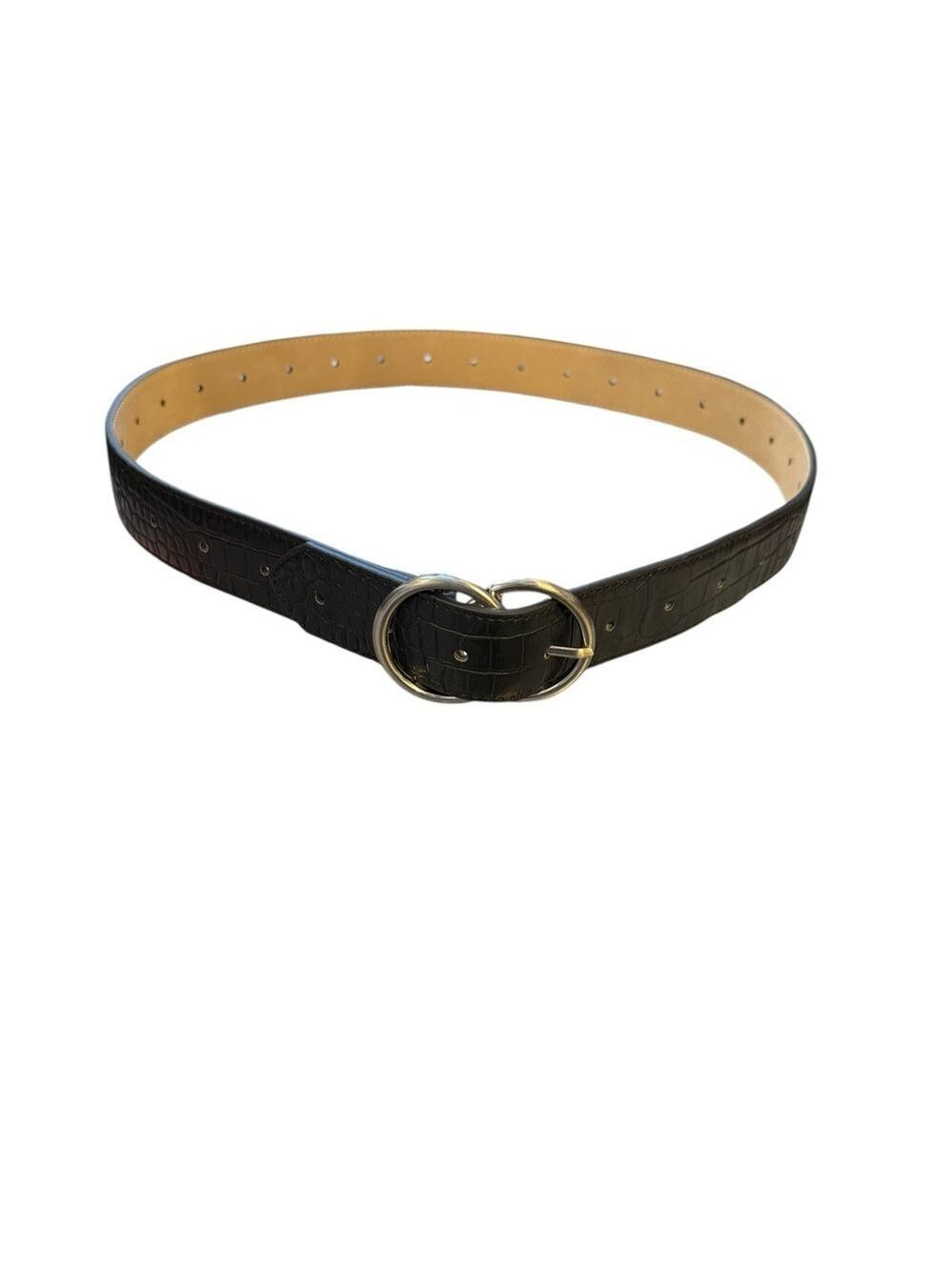 Reptile Embossed Black and Tan Belt with Silver Double Ring Buckle Med/ L